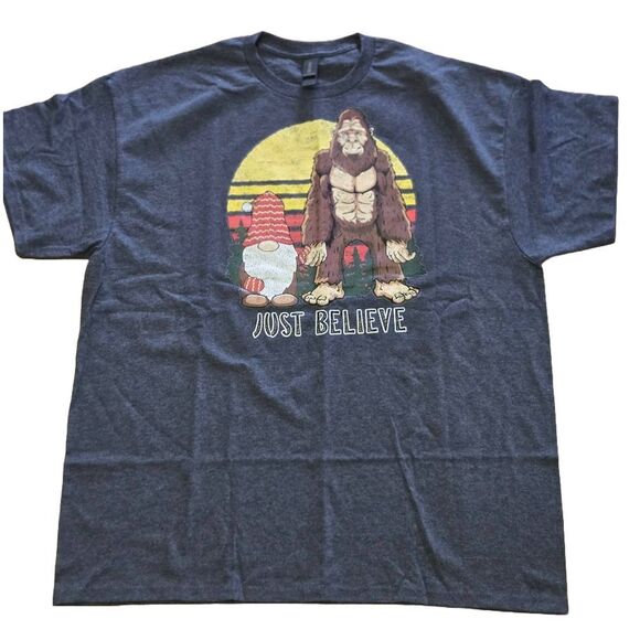 Men’s XL Just Believe Tee | Bigfoot & Gnome Shirt | Funny Cryptid Graphic Top - Picture 1 of 2